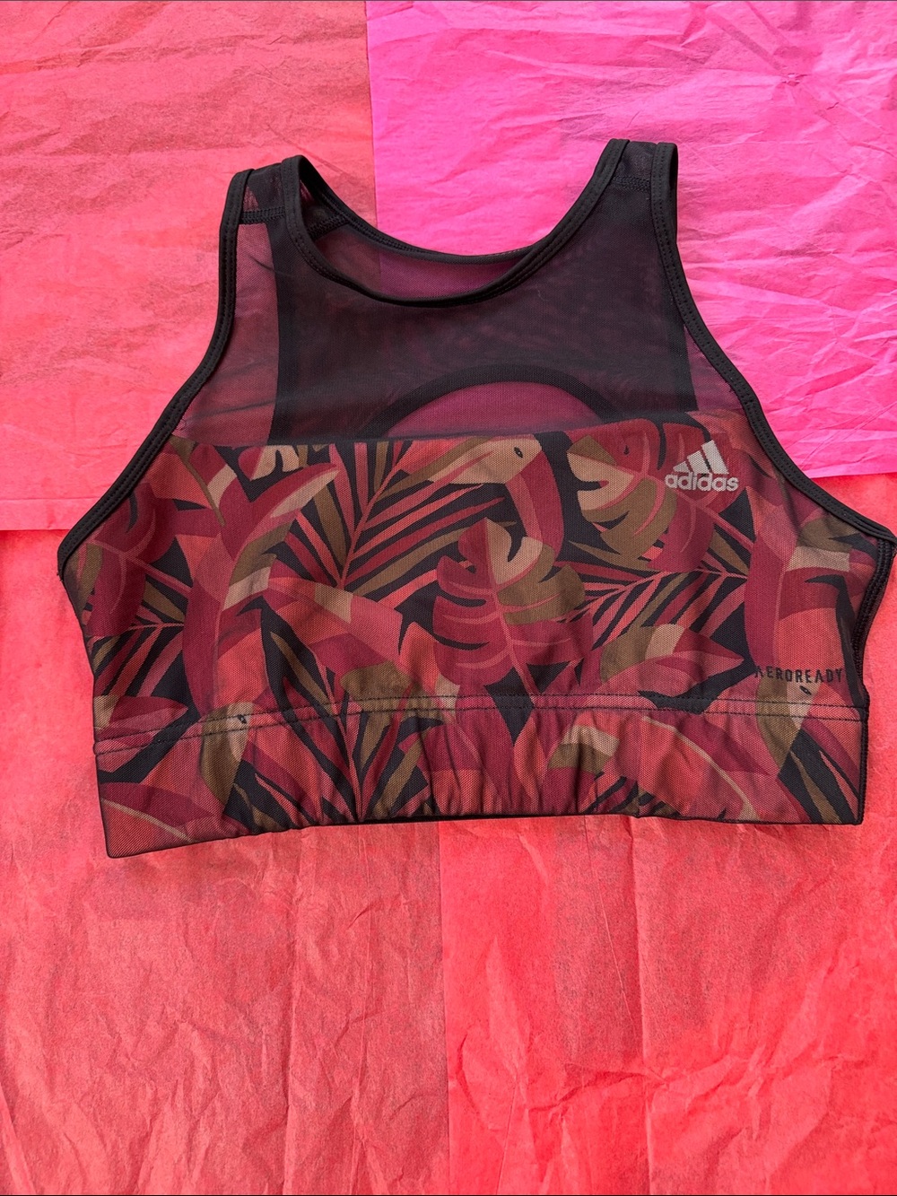adidas Black Mesh Sports Bra with Red Tropical Print